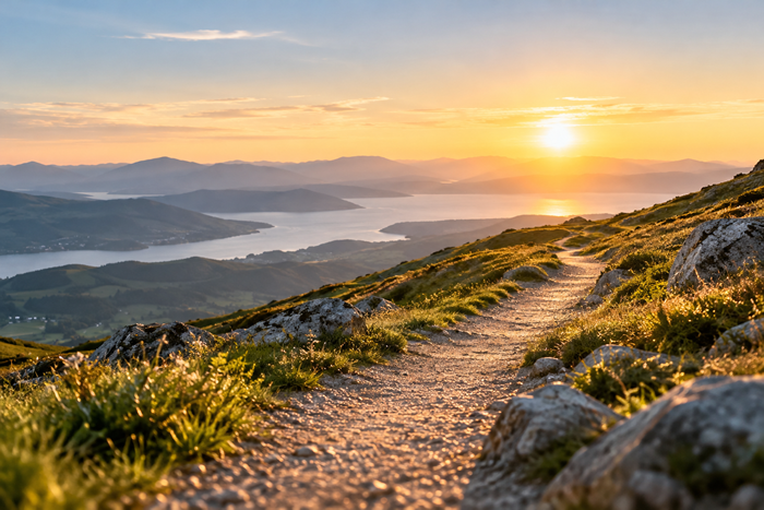 Person mit Blick über eine Berglandschaft