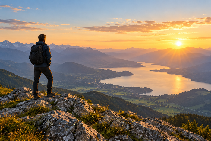 Person mit Blick über eine Berglandschaft
